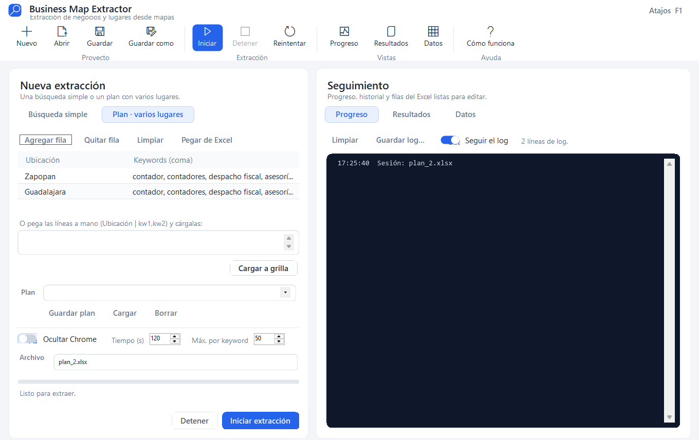Ventana de Business Map Extractor con un plan de búsqueda en Zapopan y Guadalajara